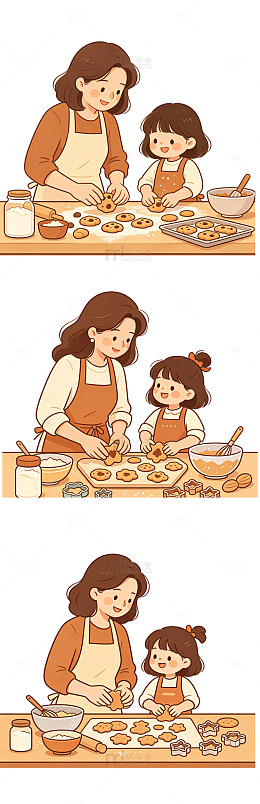 亲子陪伴日常扁平插画做饭元素