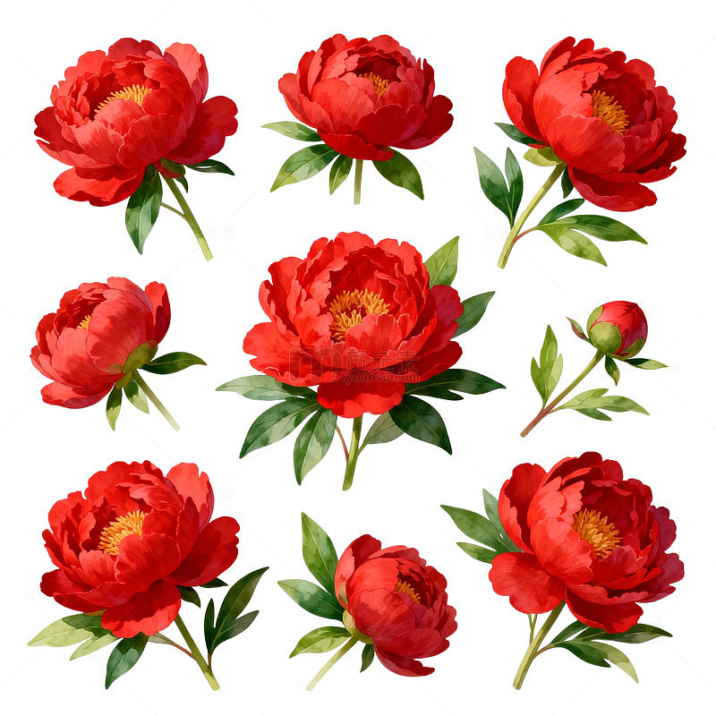 鲜艳红色牡丹花插画设计素材