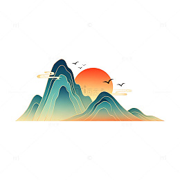 国潮山水日落插画