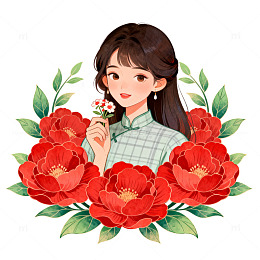 插画风旗袍女子与红花装饰设计