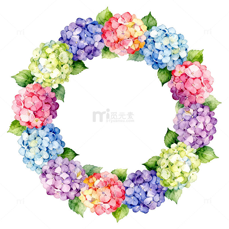 水彩绣球花环装饰图案设计素材