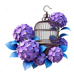 绣球花鸟笼组合图案设计