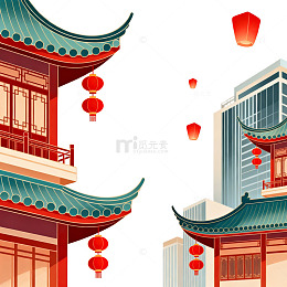 中国传统建筑与红灯笼插画