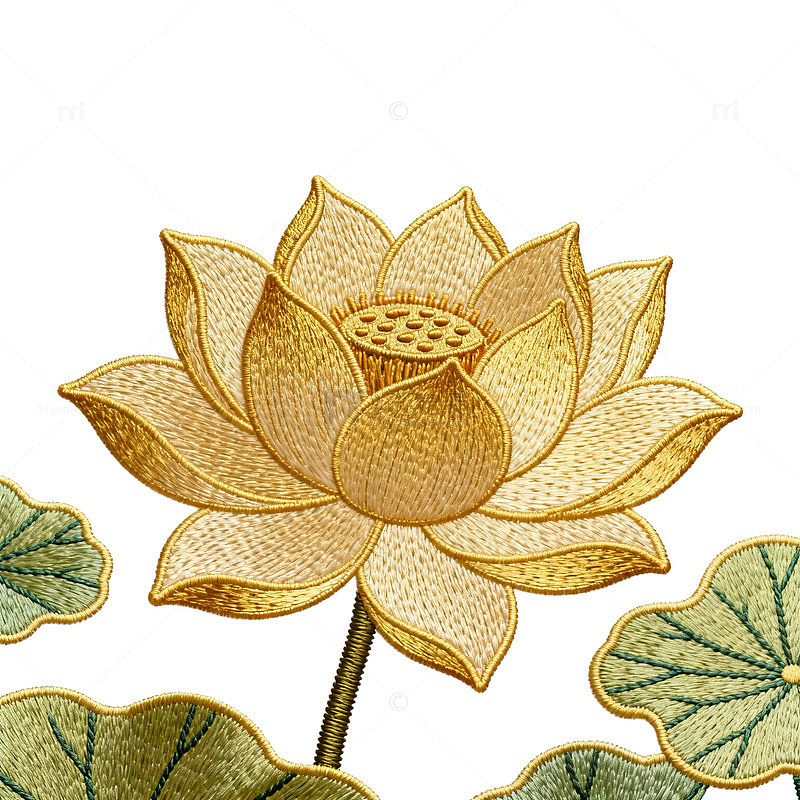 刺绣风格金色莲花装饰图案