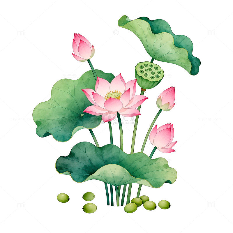 水彩荷花荷叶莲蓬插画素材