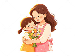 温馨母爱插画母女鲜花场景