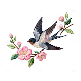 刺绣风燕子花卉图案设计素材