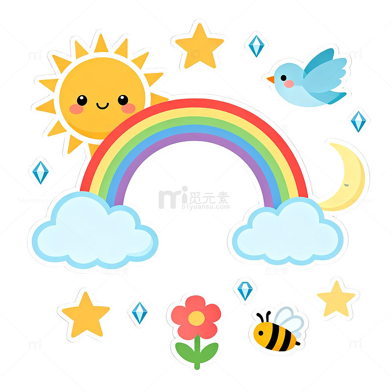 卡通彩虹花朵小鸟图案贴纸