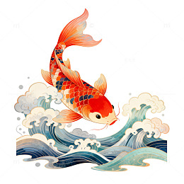 锦鲤跃浪国画风格插画