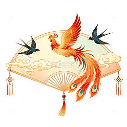 中国风凤凰扇子图案插画