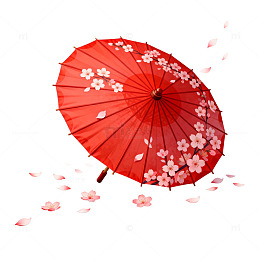 樱花红色纸伞花瓣飘落场景