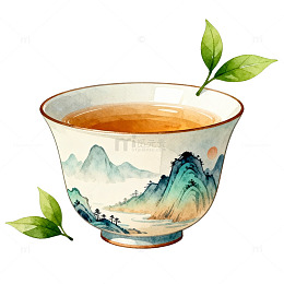 山水茶杯艺术插画