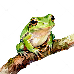 水彩青蛙树枝生态插画
