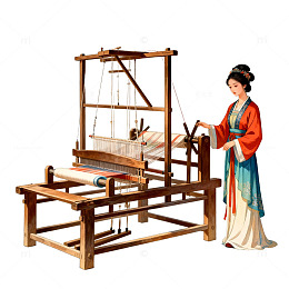 古代织布女纺织机插画