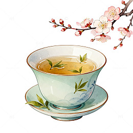 水彩风茶杯樱花意境插画