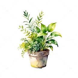 水彩绿植盆栽插画设计素材