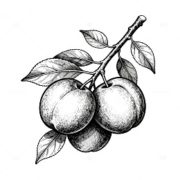 黑白线描李子水果插画素材