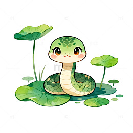 卡通蛇荷叶插画