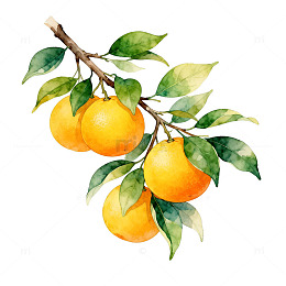 水彩橘子树枝插画