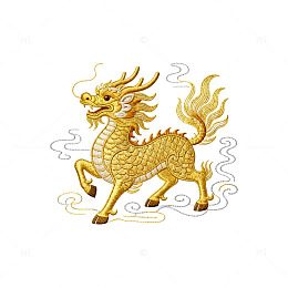 金色麒麟图案中国传统艺术插画