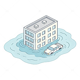 城市建筑遭洪水淹没场景元素