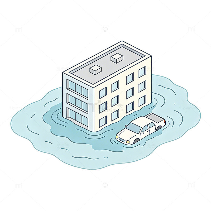 城市建筑遭洪水淹没场景元素