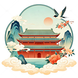 古风建筑山水画矢量插画