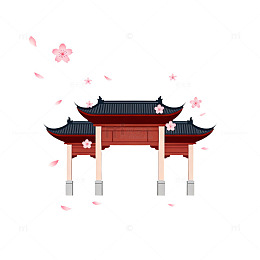 古风樱花门插画设计素材