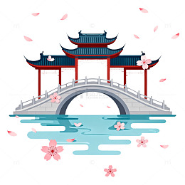古风桥梁樱花插画设计元素
