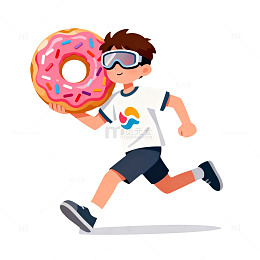 卡通风男孩持甜甜圈奔跑