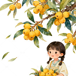 田园风小女孩枇杷采摘插画