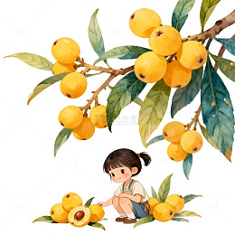 水彩风枇杷树童趣插画设计素材