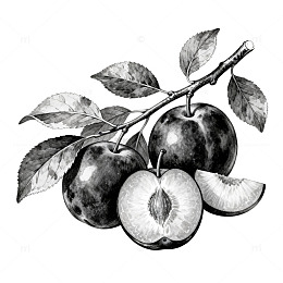 黑白素描苹果树枝叶图案设计素材