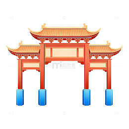 中国风情传统建筑门楼插画