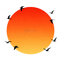 夕阳飞鸟插画风景图