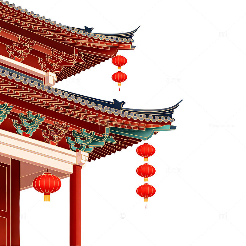 传统中式建筑红灯笼装饰插画
