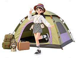 卡通露营女孩帐篷旅行户外场景插画元素
