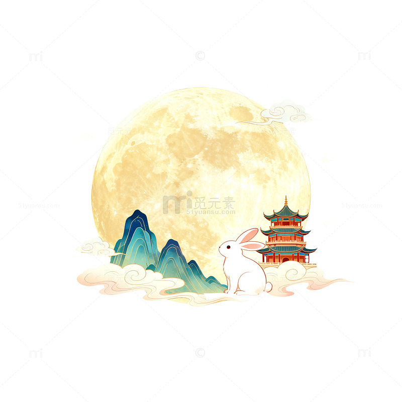 月光下兔子与古楼插画