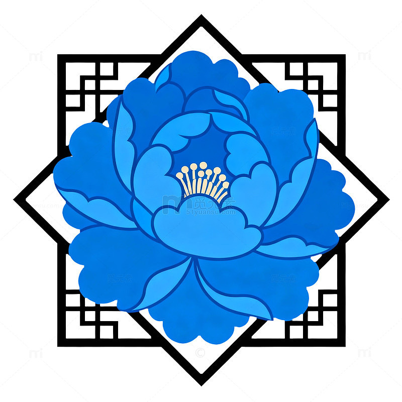 蓝色牡丹传统纹样图案设计