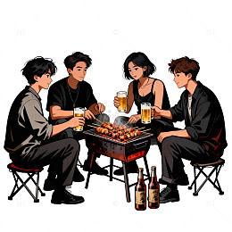 日式烧烤聚会插画