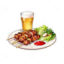 美食插画烤肉啤酒