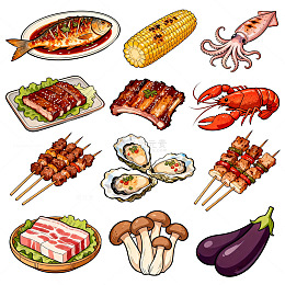 美食插画海鲜烧烤蔬菜集