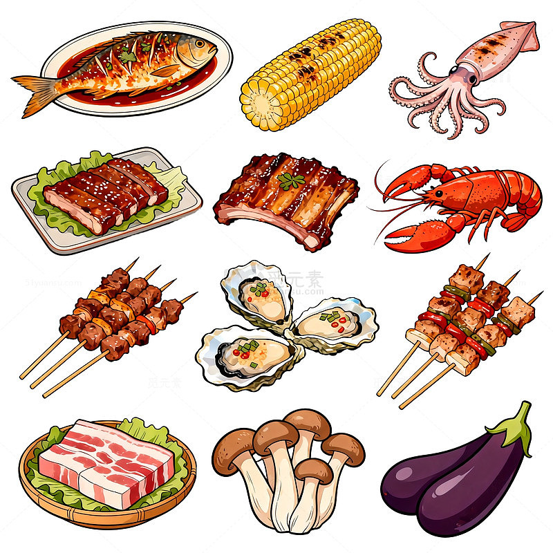 美食插画海鲜烧烤蔬菜集