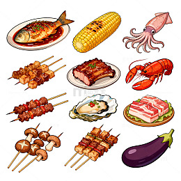美食插画海鲜烧烤蔬菜集