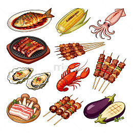 美食插画海鲜烧烤蔬菜