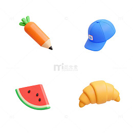 卡通风格食物与文具图标设计元素
