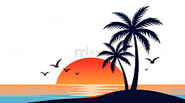 椰树日落海景剪影素材