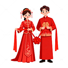 传统婚礼喜庆卡通人物插画
