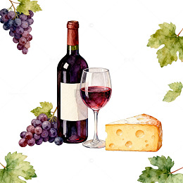 水彩风格葡萄酒美食组合插画素材