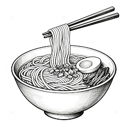 黑白线条面条美食插画素材